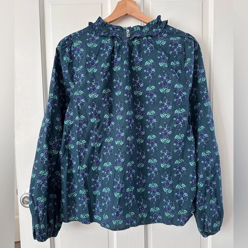 J. CREW Long Sleeve Ruffleneck Poplin Blouse Floral Spruce Antique Navy Size M